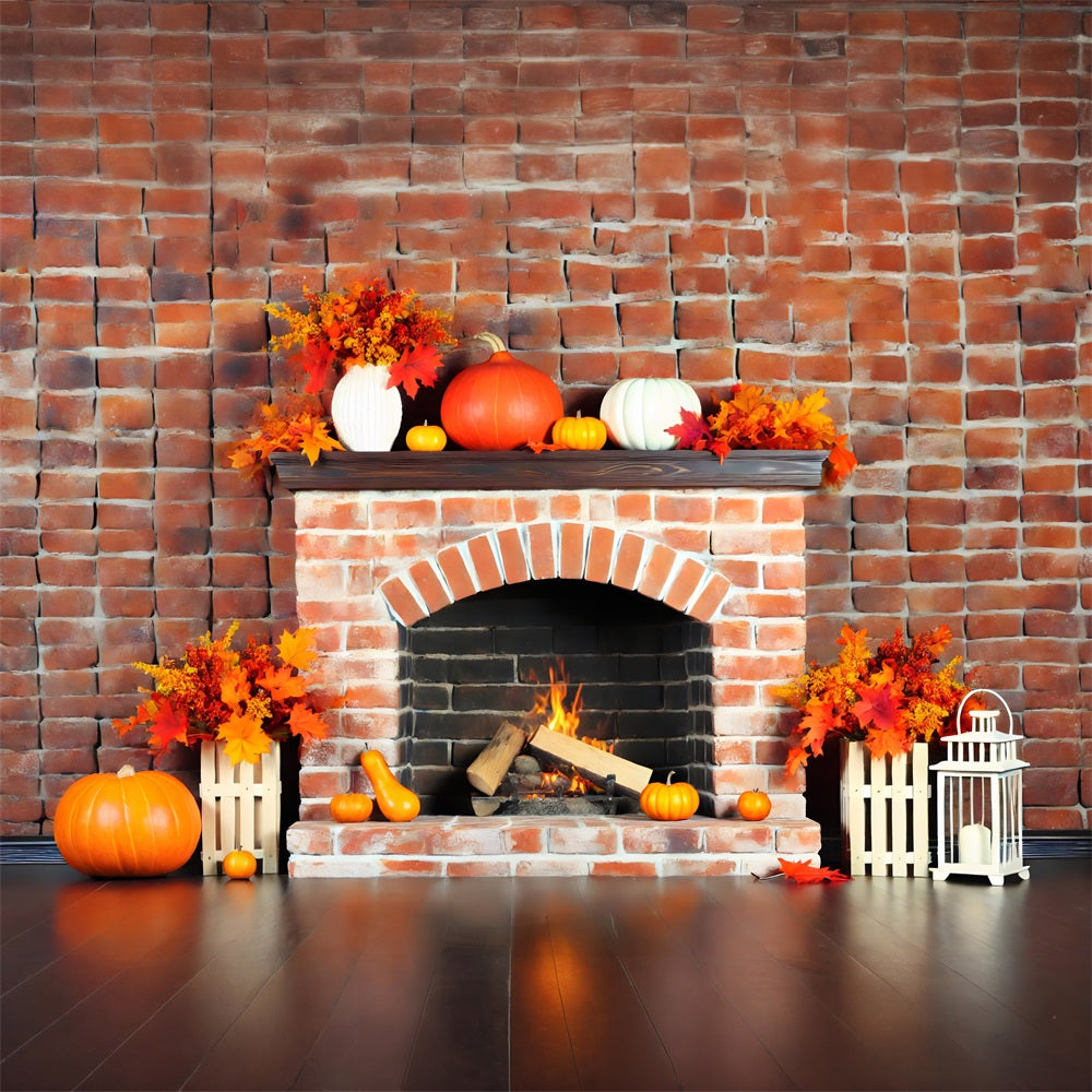 Autumn Fireplace Pumpkins Leaves Brick Backdrop RR7-304