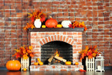 Autumn Fireplace Pumpkins Leaves Brick Backdrop RR7-304