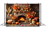 Fall Brick Fireplace Pumpkins Fall Leaves Backdrop RR7-305