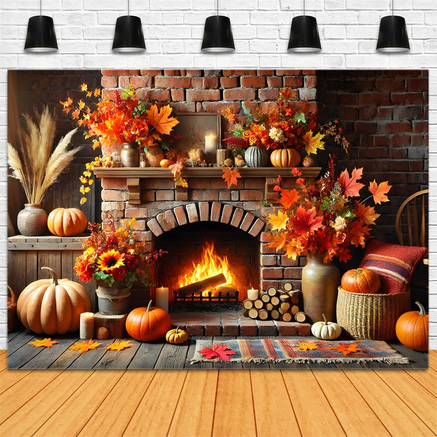 Fall Brick Fireplace Pumpkins Fall Leaves Backdrop RR7-305