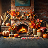 Fall Brick Fireplace Pumpkins Fall Leaves Backdrop RR7-305