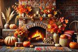 Fall Brick Fireplace Pumpkins Fall Leaves Backdrop RR7-305