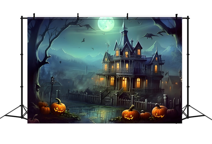 Haunted House Pumpkin Lanterns Halloween Backdrop RR7-306