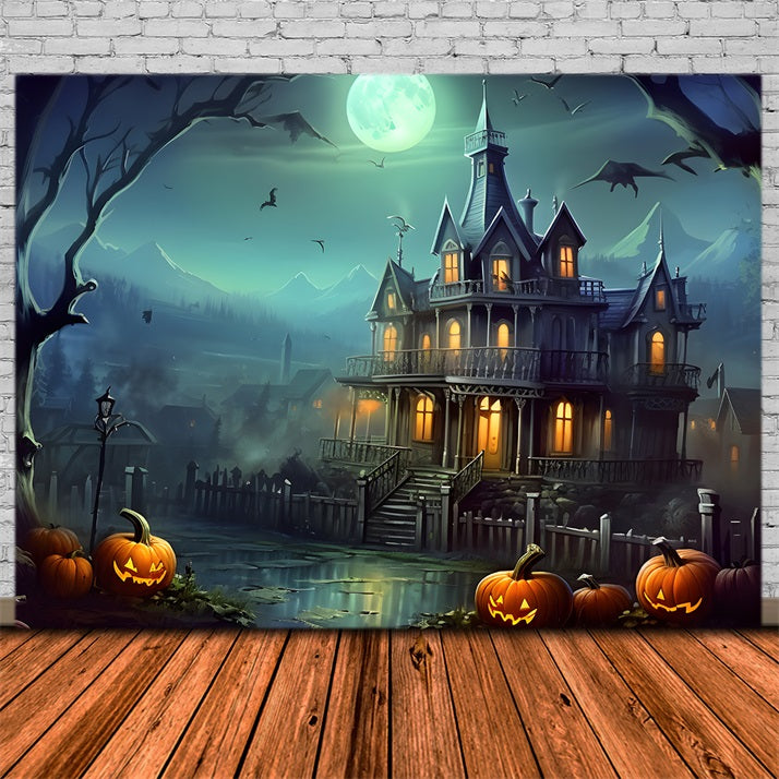 Haunted House Pumpkin Lanterns Halloween Backdrop RR7-306