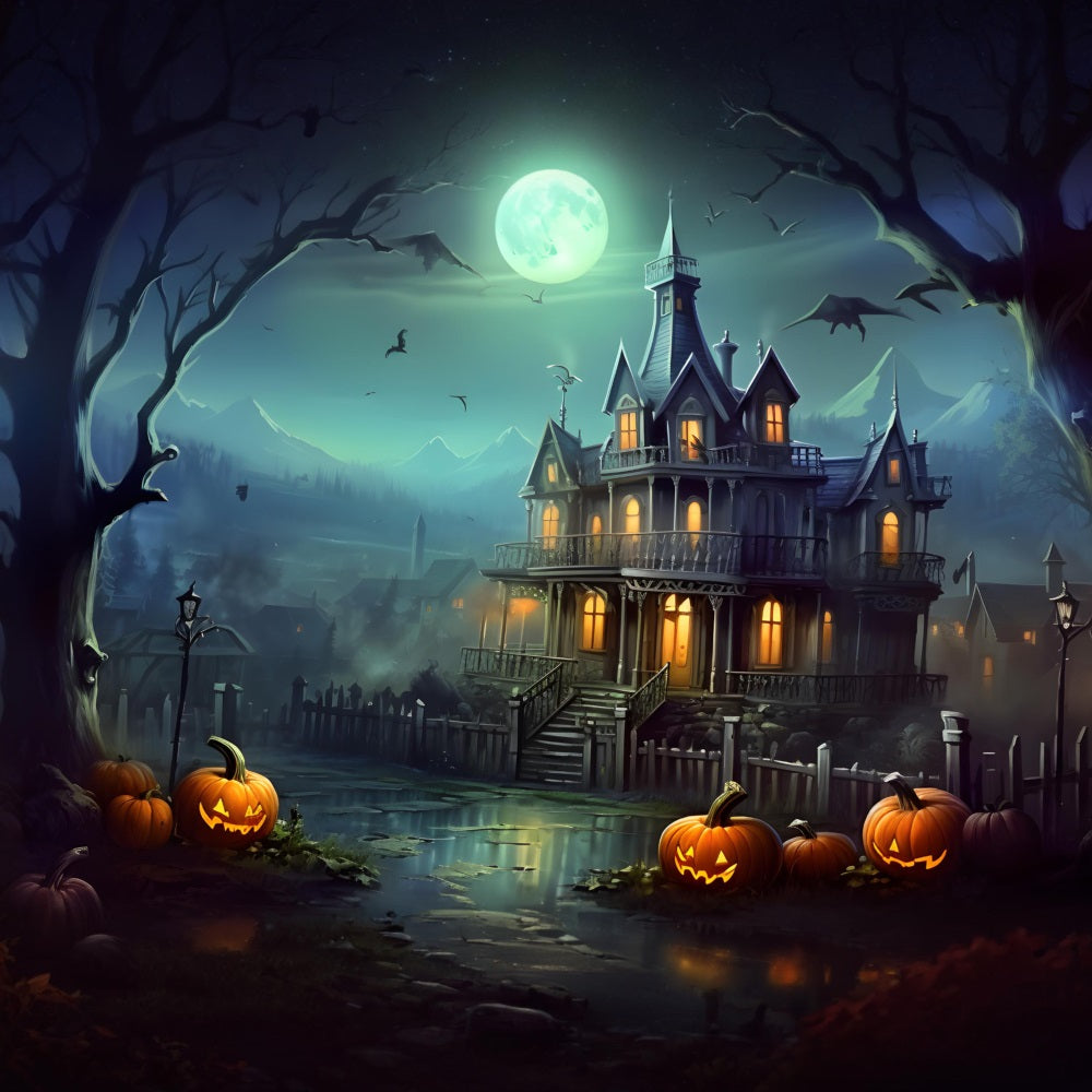 Haunted House Pumpkin Lanterns Halloween Backdrop RR7-306