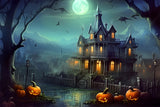 Haunted House Pumpkin Lanterns Halloween Backdrop RR7-306