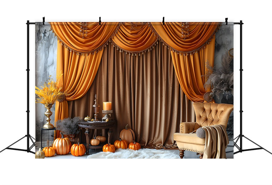 Elegant Fall Drapery Pumpkins Golden Backdrop RR7-308