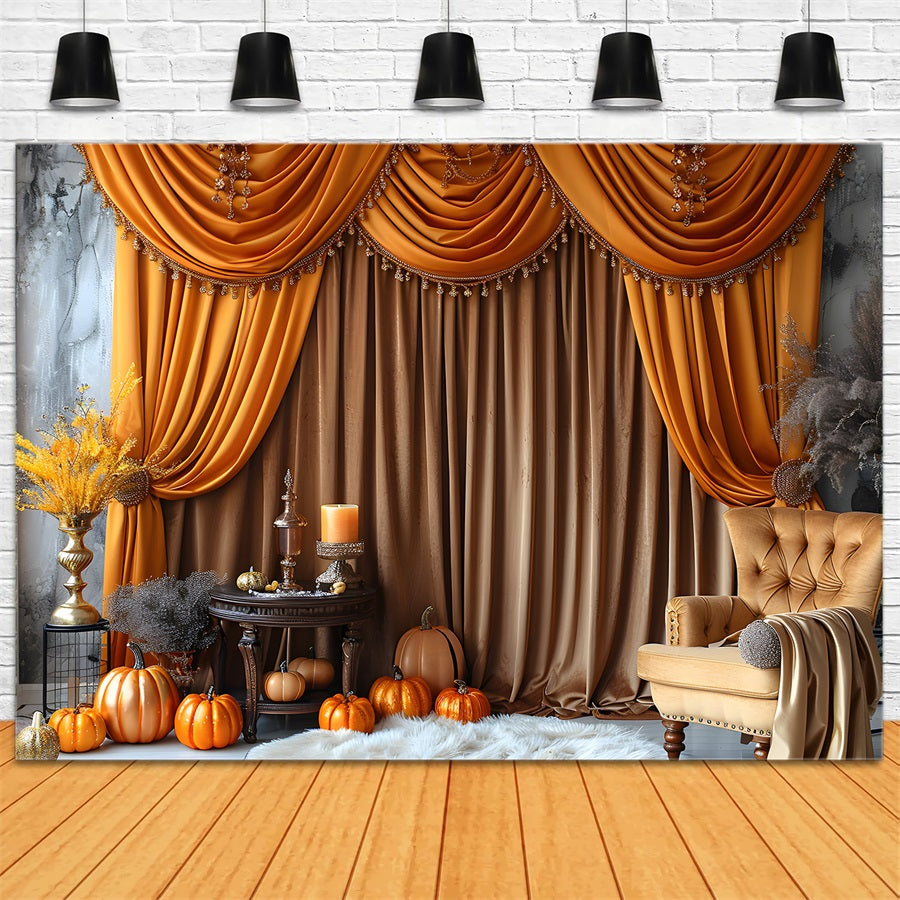 Elegant Fall Drapery Pumpkins Golden Backdrop RR7-308