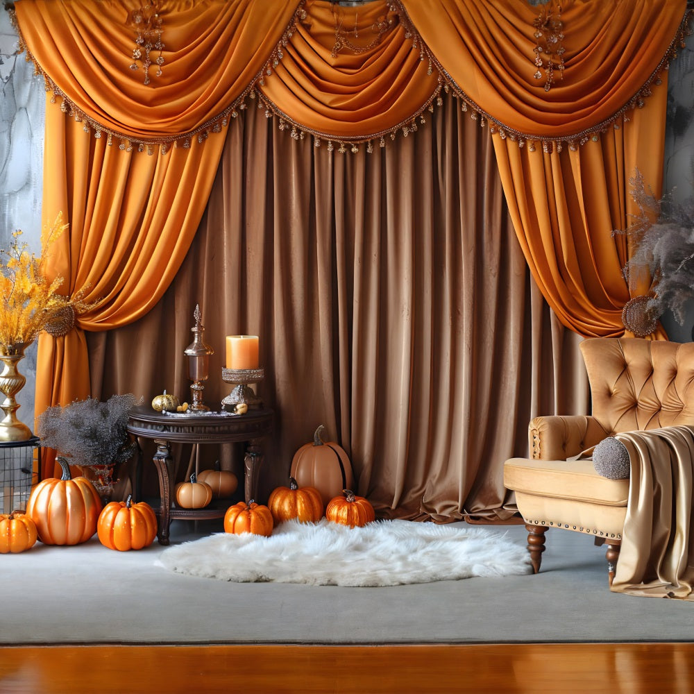 Elegant Fall Drapery Pumpkins Golden Backdrop RR7-308