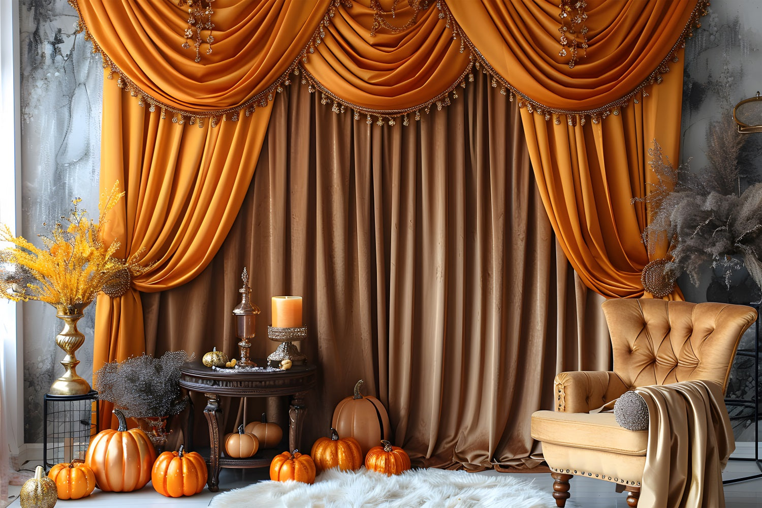 Elegant Fall Drapery Pumpkins Golden Backdrop RR7-308