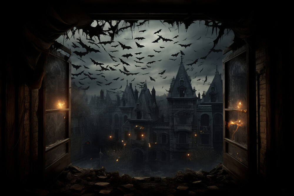 Spooky Halloween Castle Bats Photography Backdrop RR7-31