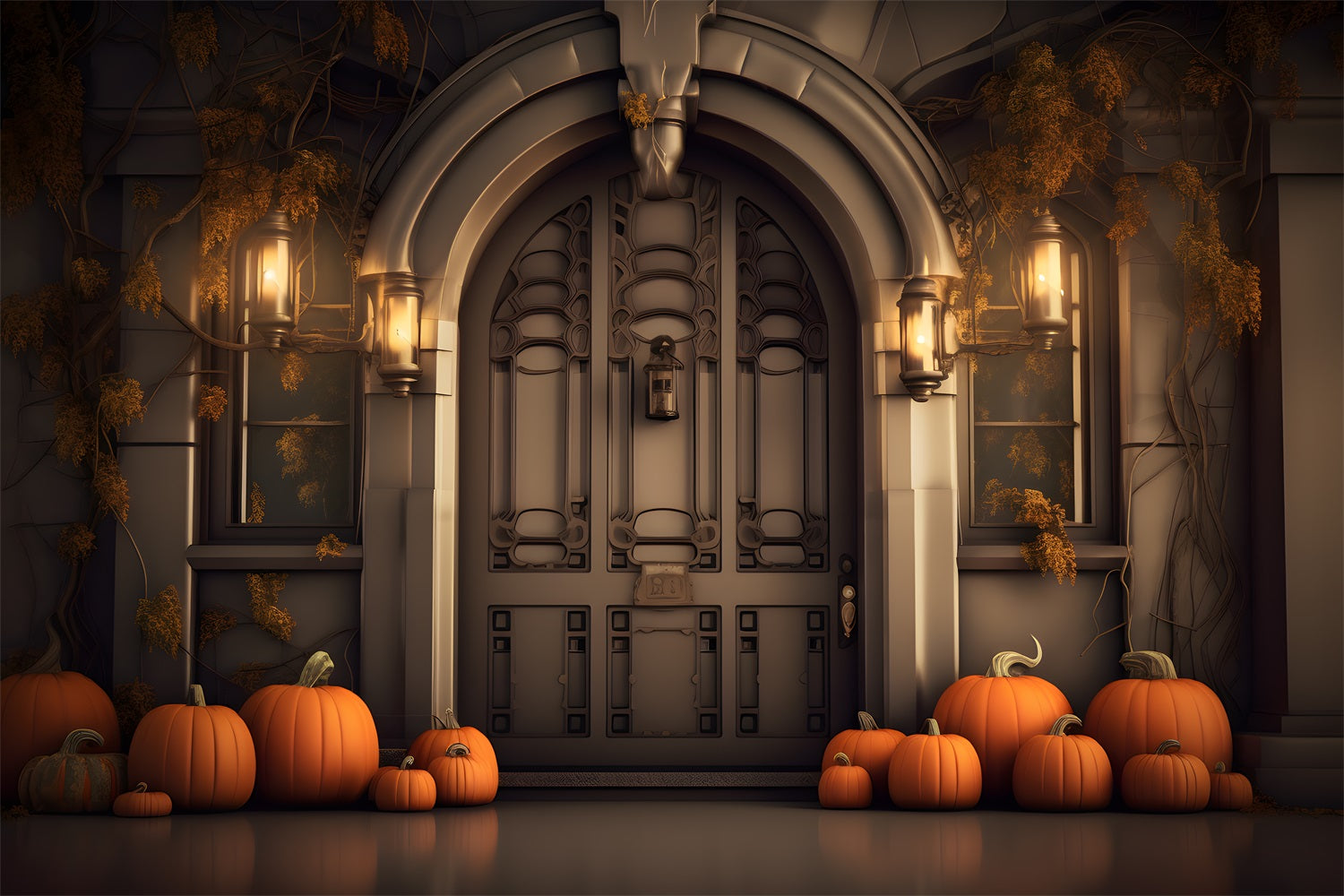 Elegant Fall Entrance Pumpkins Lanterns Backdrop RR7-311