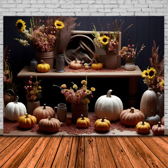 Rustic Fall Display Pumpkins Sunflowers Backdrop RR7-313