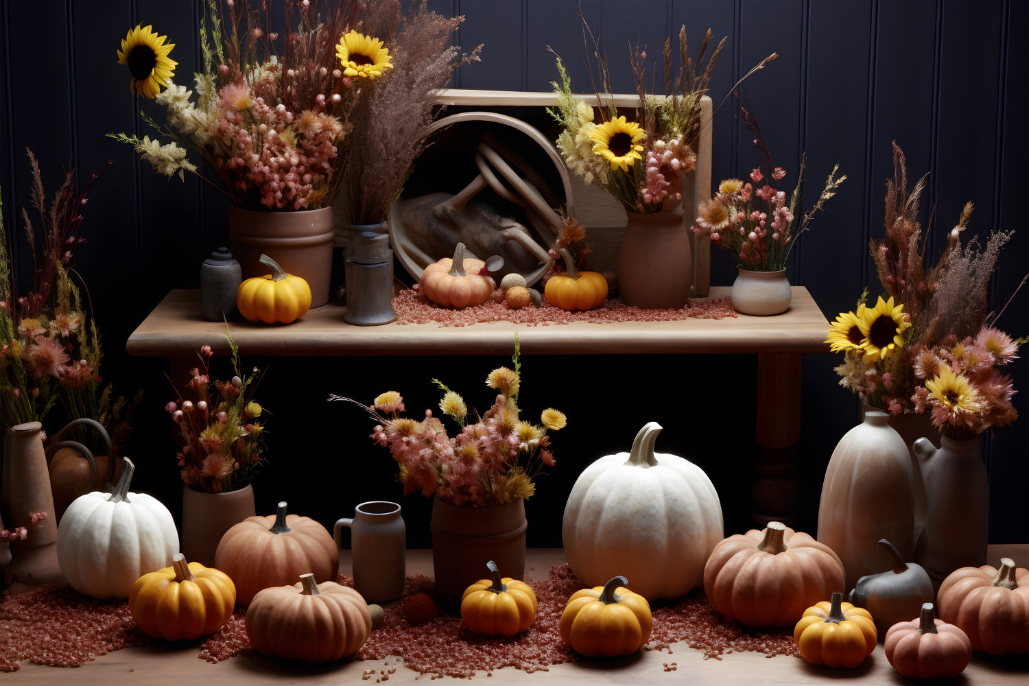 Rustic Fall Display Pumpkins Sunflowers Backdrop RR7-313