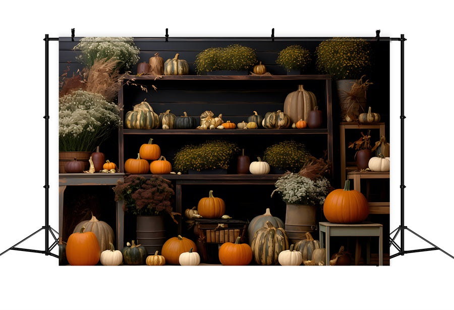 Cozy Autumn Display Pumpkins Flowers Backdrop RR7-314