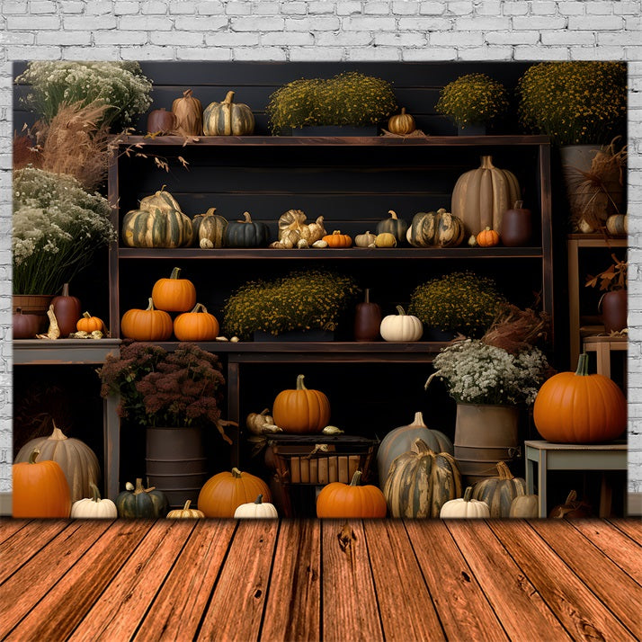 Cozy Autumn Display Pumpkins Flowers Backdrop RR7-314