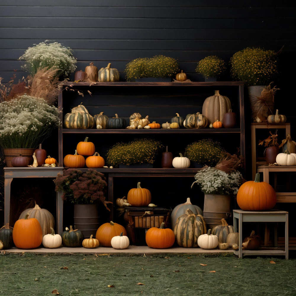 Cozy Autumn Display Pumpkins Flowers Backdrop RR7-314