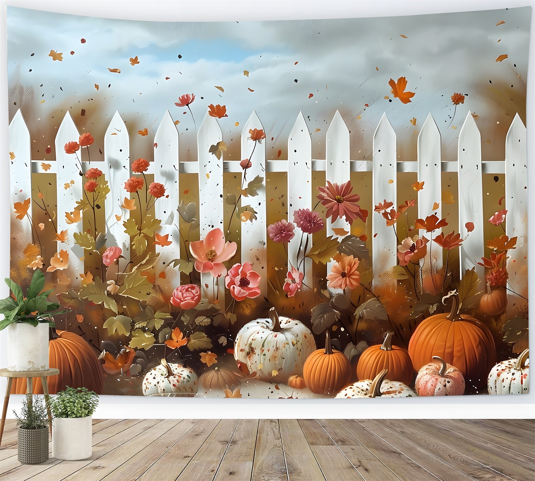 Whimsical Fall Garden Pumpkins Flowers Backdrop RR7-315