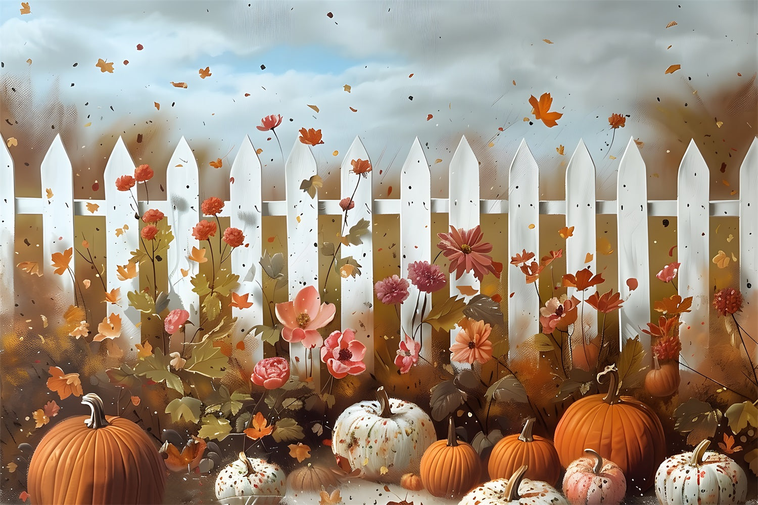 Whimsical Fall Garden Pumpkins Flowers Backdrop RR7-315