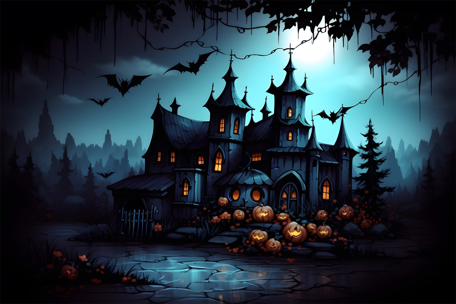 Haunted Gothic Mansion Jack-O'-Lanterns Bats Backdrop RR7-316