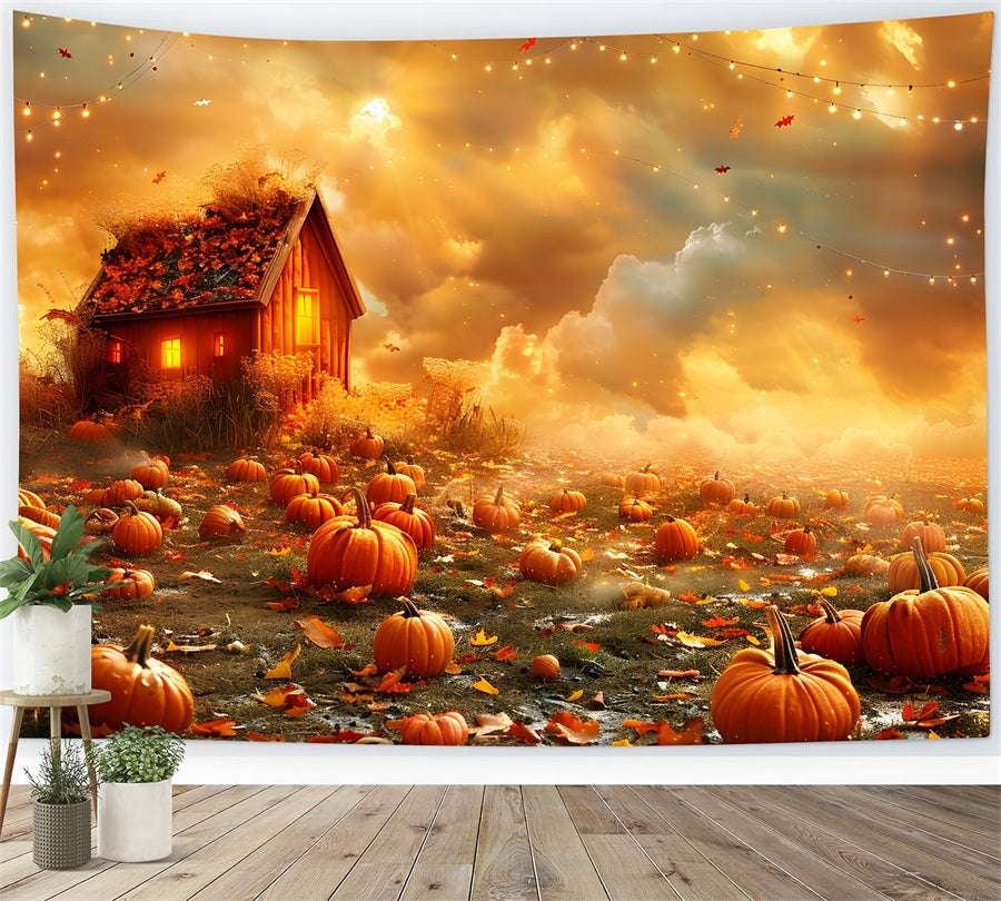 Golden Fall Pumpkin Field Cozy Cabin Backdrop RR7-318