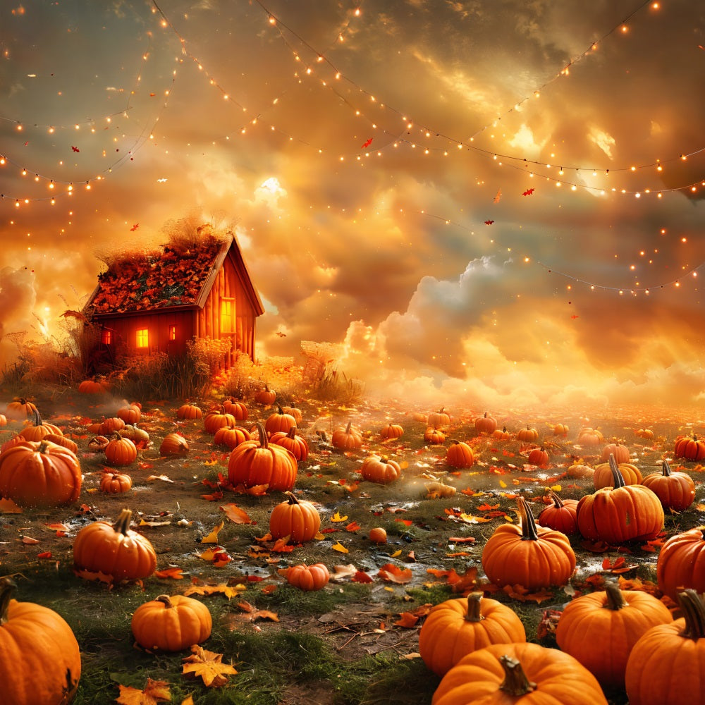 Golden Fall Pumpkin Field Cozy Cabin Backdrop RR7-318