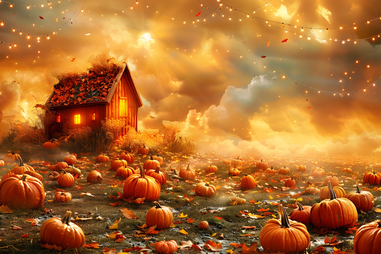 Golden Fall Pumpkin Field Cozy Cabin Backdrop RR7-318