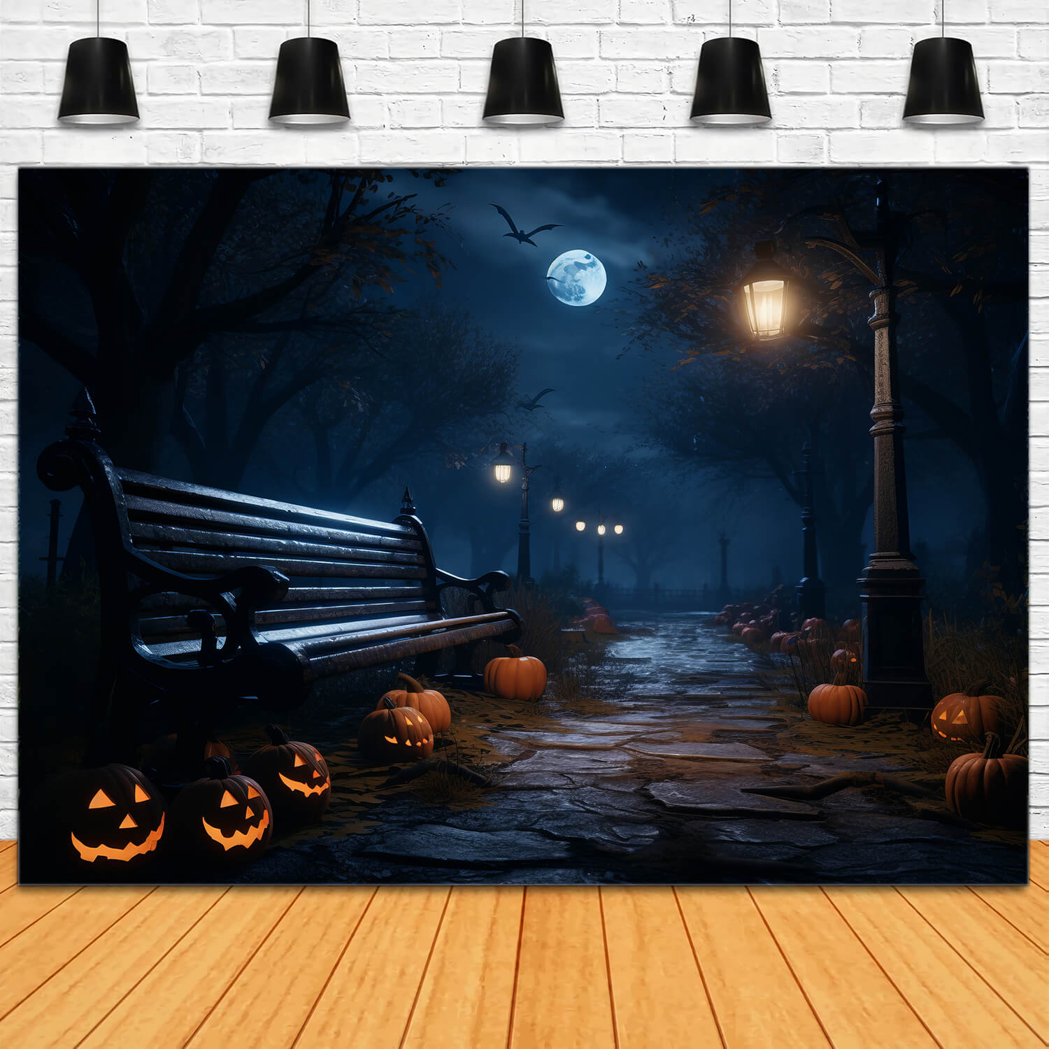 Halloween Full Moon Night Pumpkin Lanterns Backdrop RR7-32