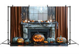 Halloween Haunted Fireplace Glowing Pumpkins Backdrop RR7-323