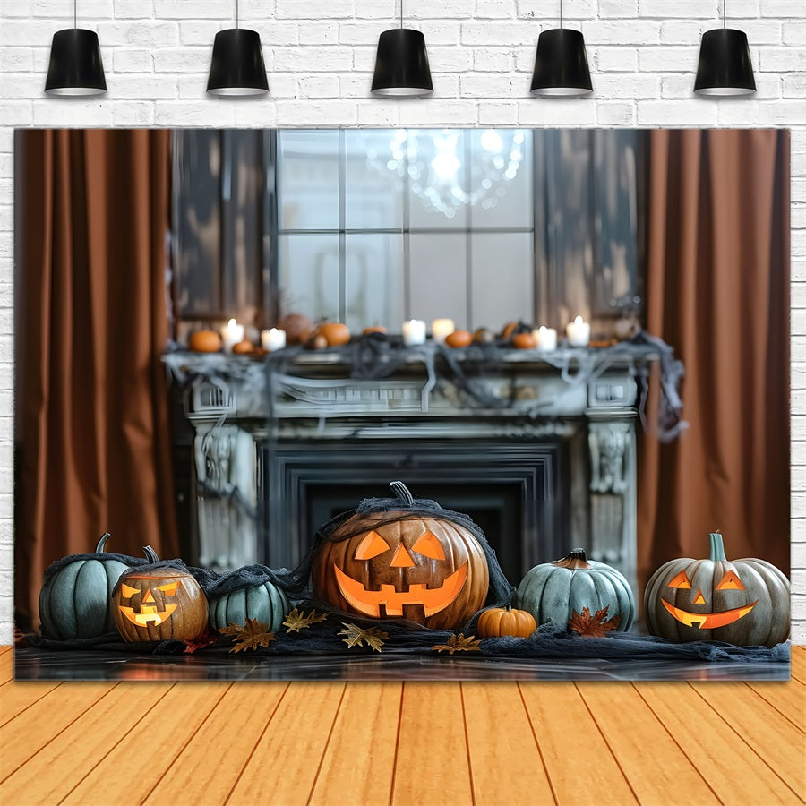 Halloween Haunted Fireplace Glowing Pumpkins Backdrop RR7-323