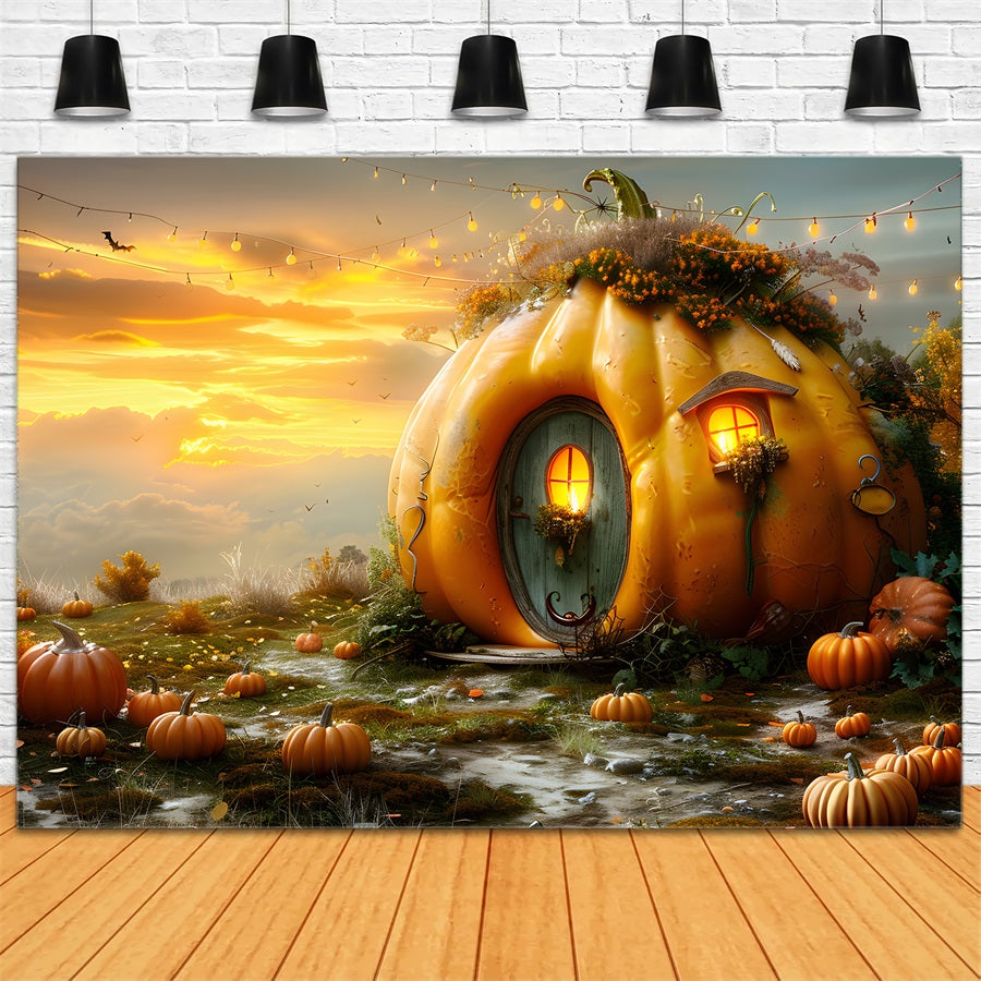 Autumn Pumpkin Cottage Sunset Backdrop RR7-324