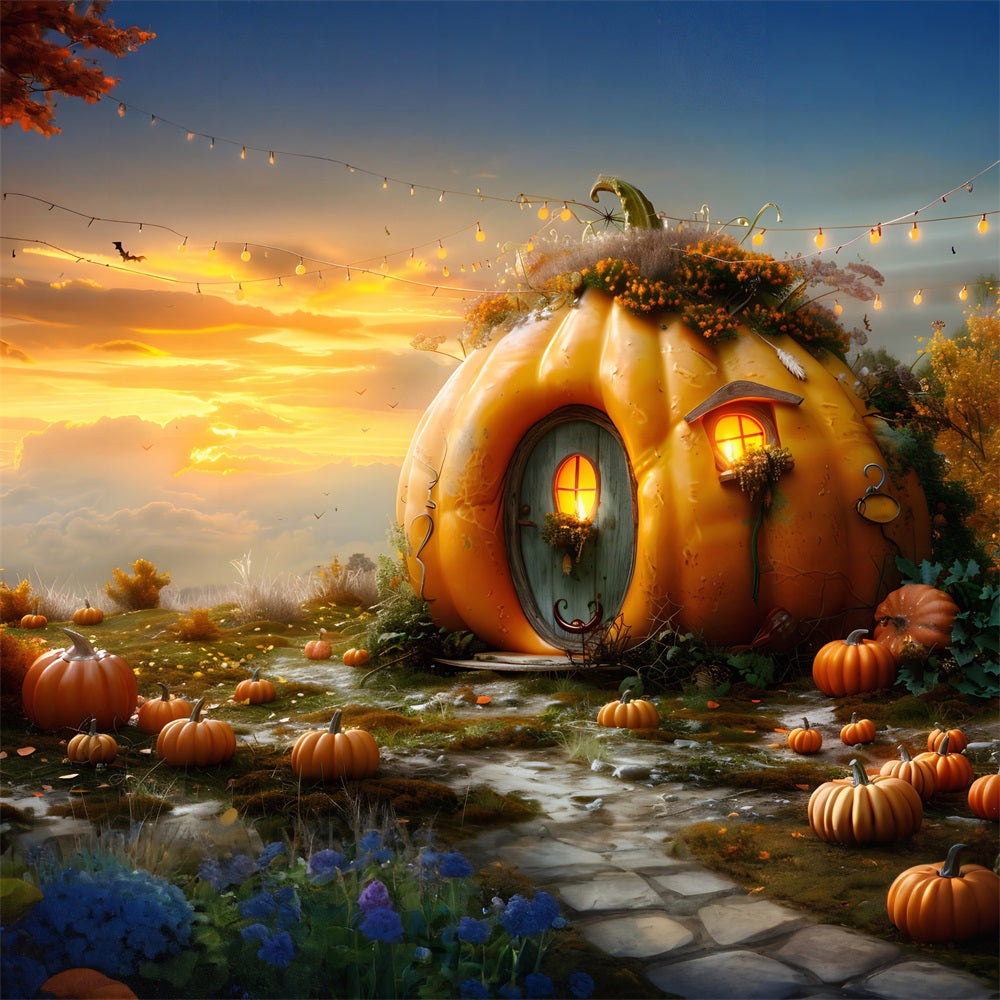 Autumn Pumpkin Cottage Sunset Backdrop RR7-324