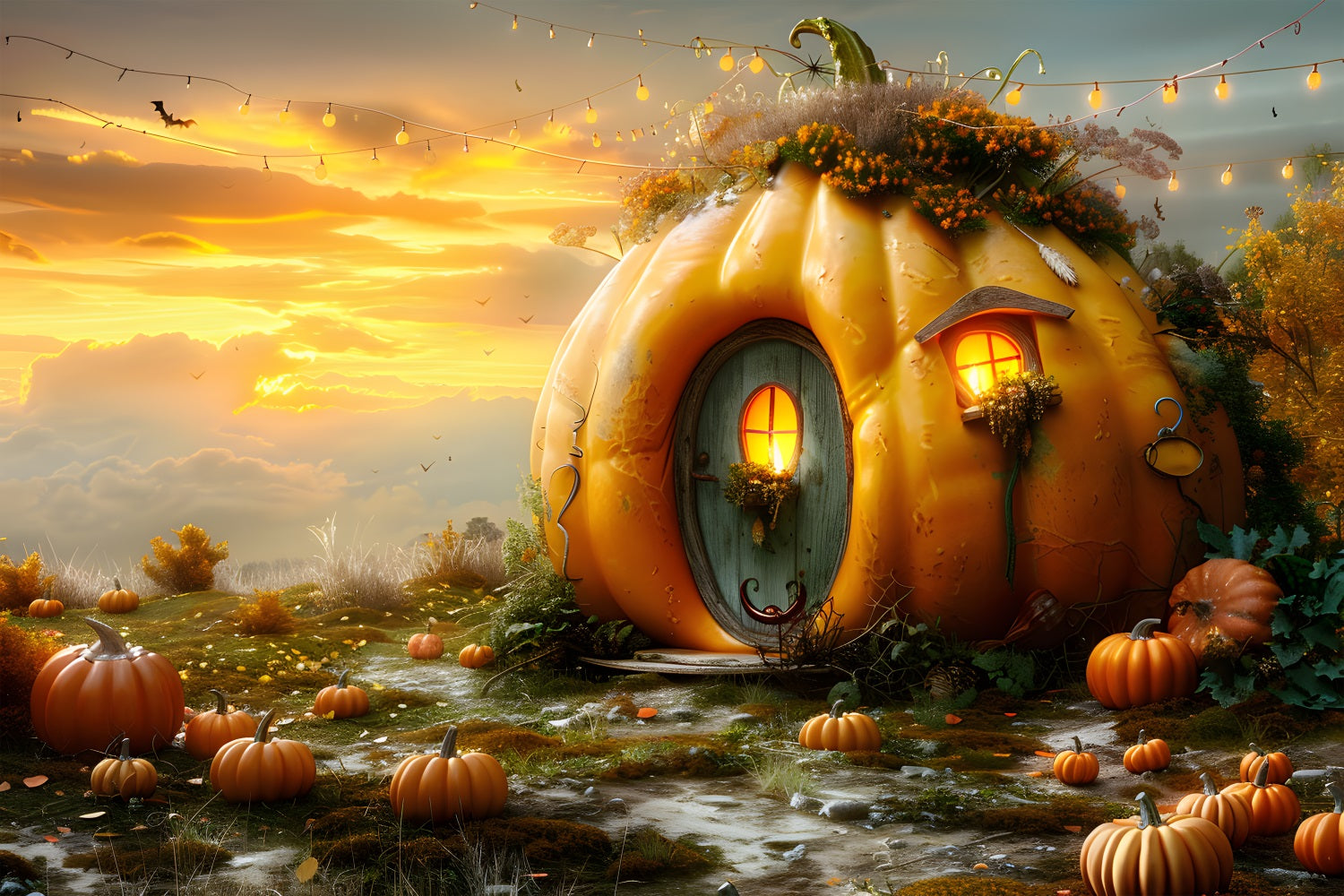 Autumn Pumpkin Cottage Sunset Backdrop RR7-324