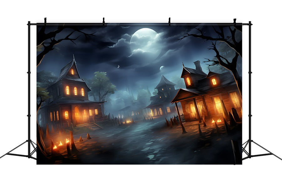 Halloween Moonlit Haunted Village Backdrop RR7-325