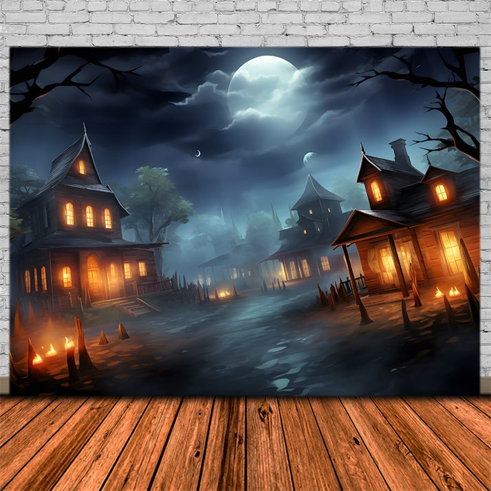 Halloween Moonlit Haunted Village Backdrop RR7-325