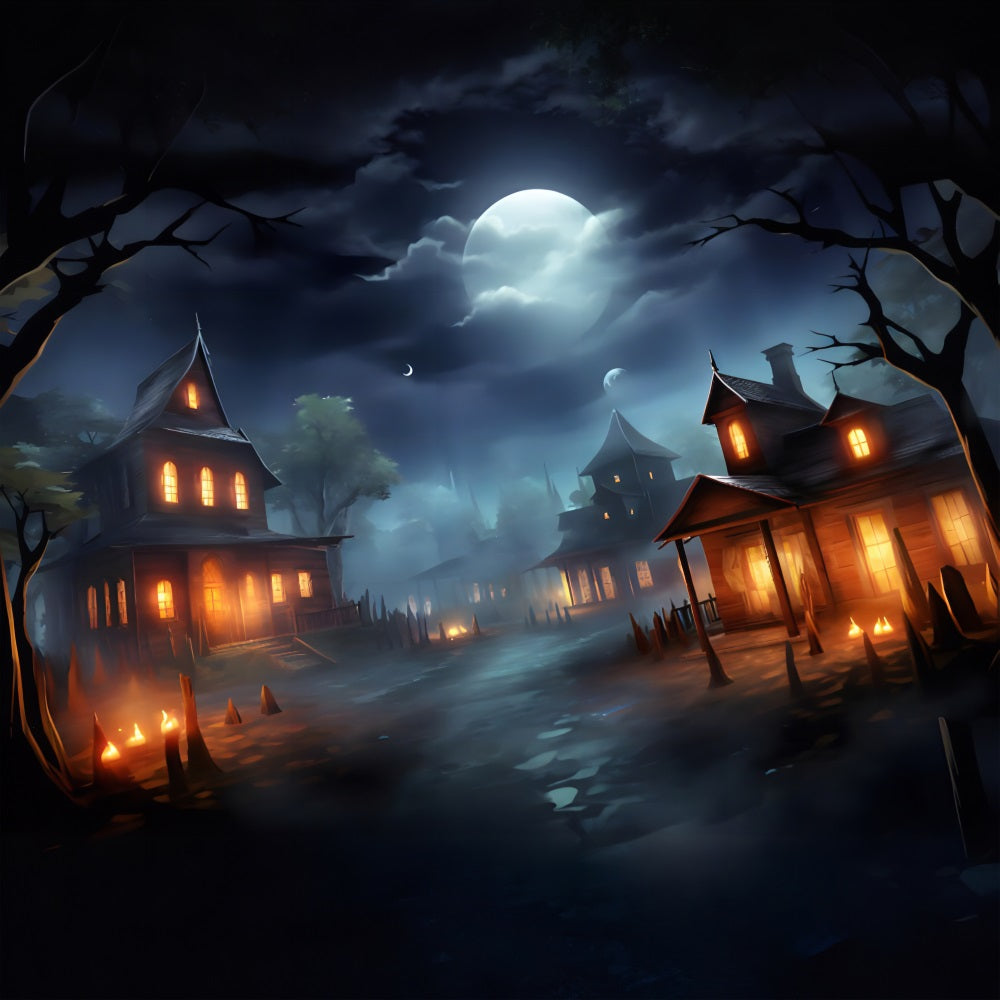 Halloween Moonlit Haunted Village Backdrop RR7-325