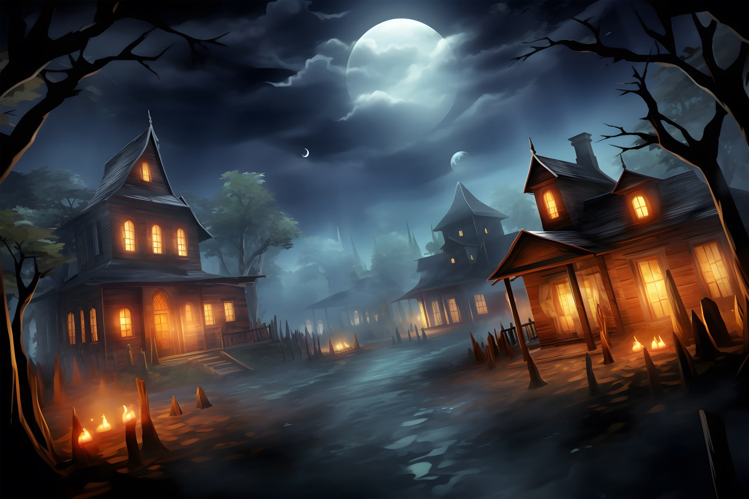 Halloween Moonlit Haunted Village Backdrop RR7-325