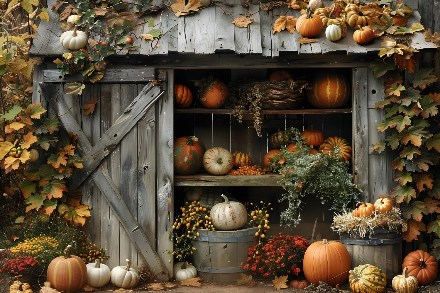 Rustic Autumn Shed Pumpkins Backdrop RR7-327