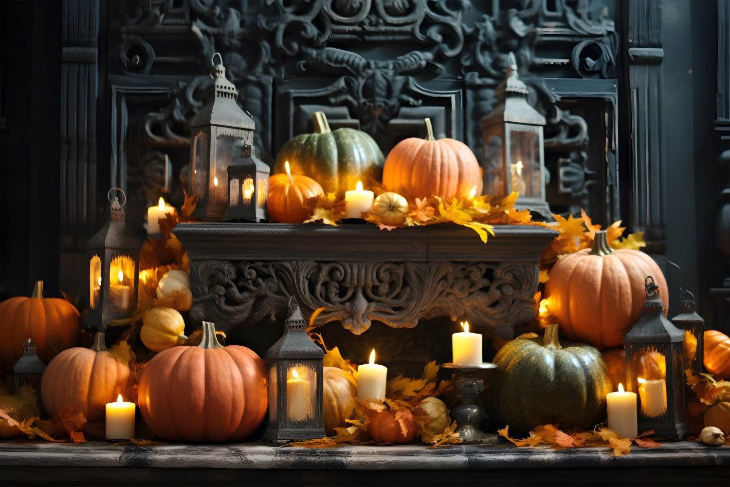 Halloween Pumpkin Lantern Display Ornate Backdrop RR7-330