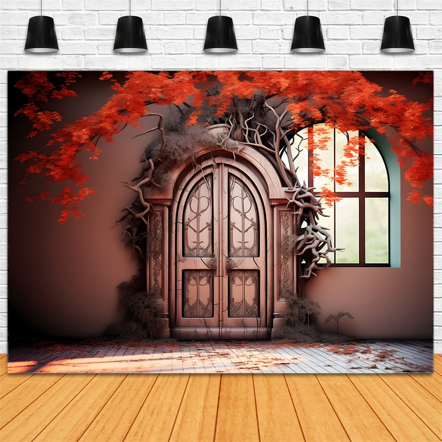 Enchanted Autumn Door Red Leaves Backdrop RR7-332