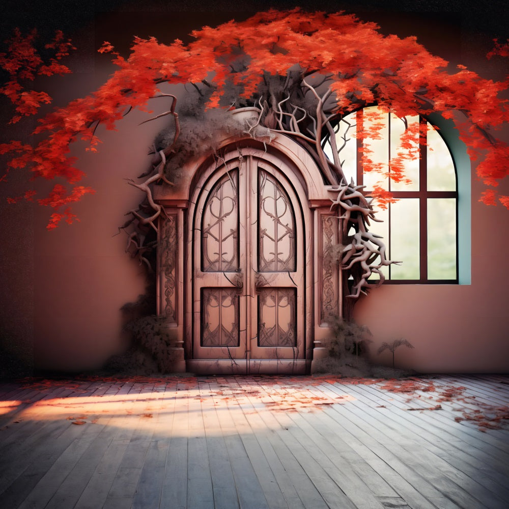 Enchanted Autumn Door Red Leaves Backdrop RR7-332