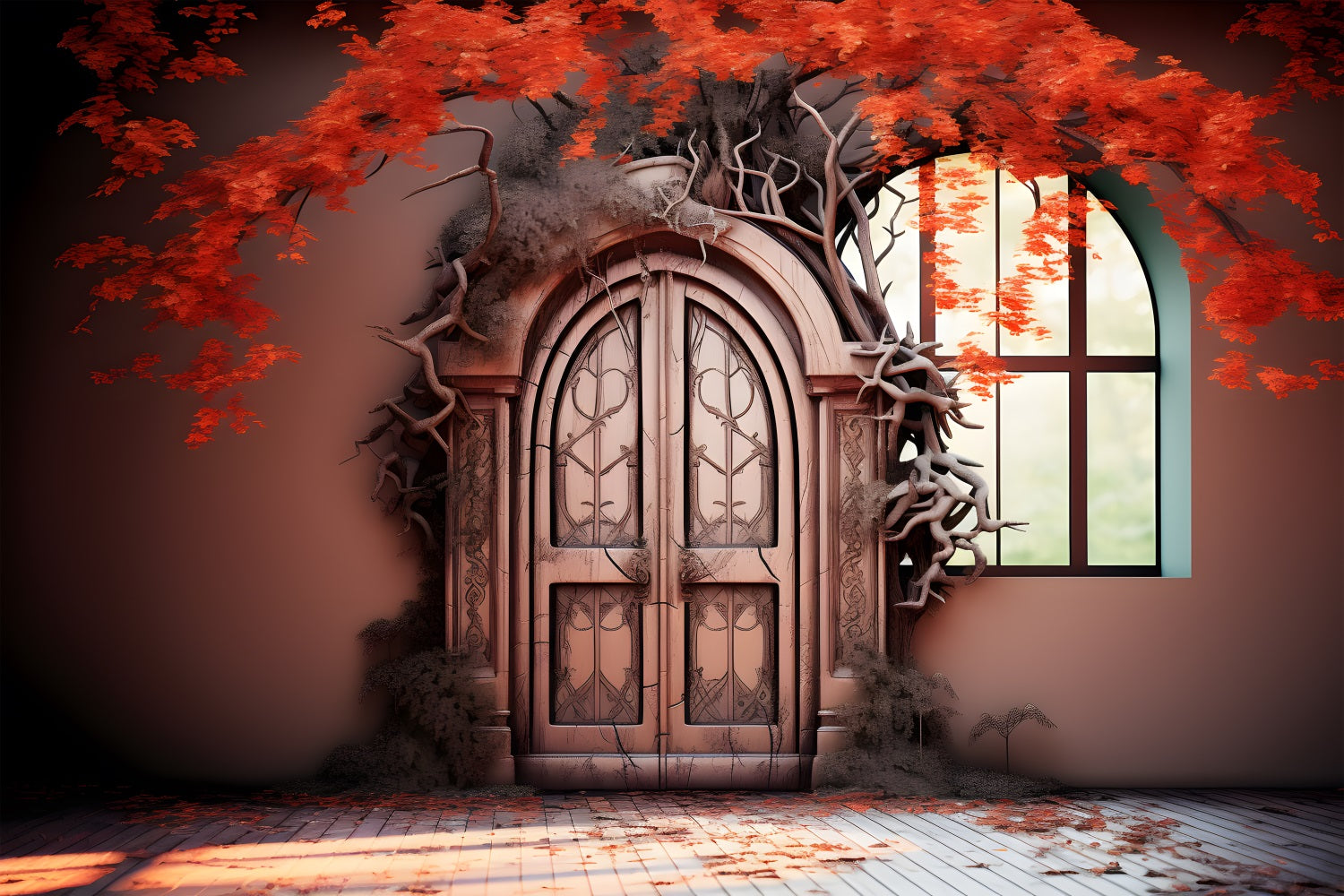 Enchanted Autumn Door Red Leaves Backdrop RR7-332