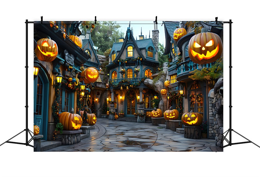 Halloween Enchanted Village Pumpkin Lanterns Backdrop RR7-333