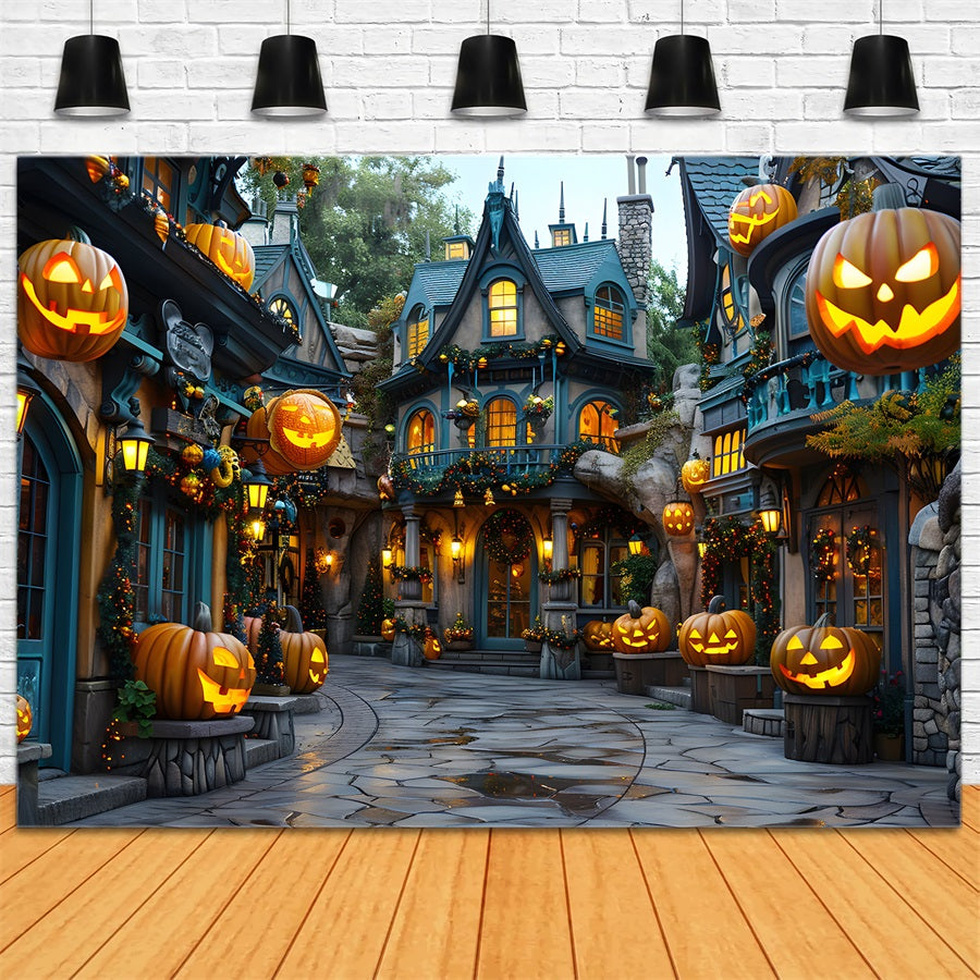 Halloween Enchanted Village Pumpkin Lanterns Backdrop RR7-333