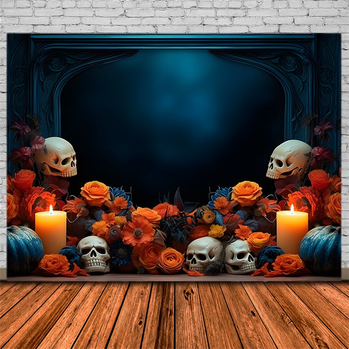 Halloween Skull and Floral Candlelit Display Backdrop RR7-337