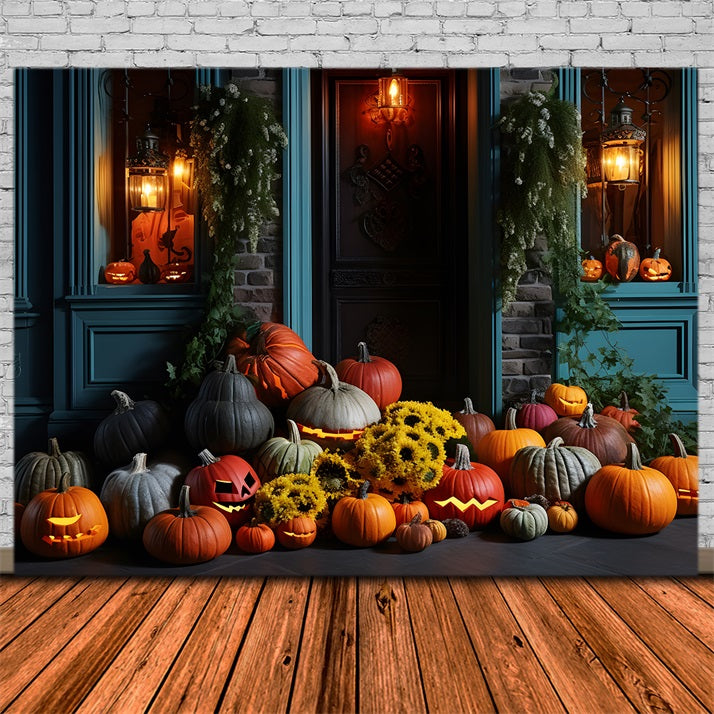 Halloween Lantern and Pumpkin Porch Display Backdrop RR7-338