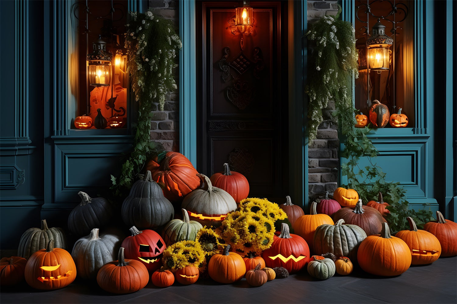 Halloween Lantern and Pumpkin Porch Display Backdrop RR7-338