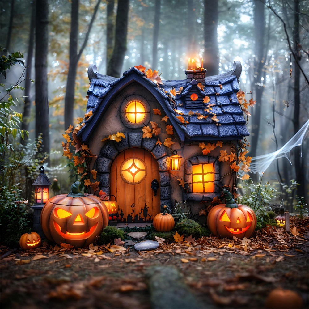 Halloween Cottage Pumpkin Lanterns Backdrop RR7-340