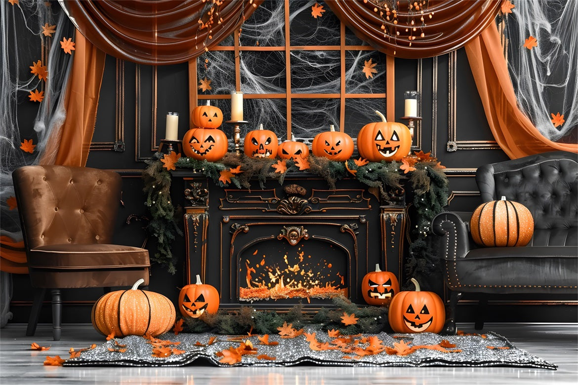 Halloween Pumpkin Lanterns Gothic Fireplace Backdrop RR7-341