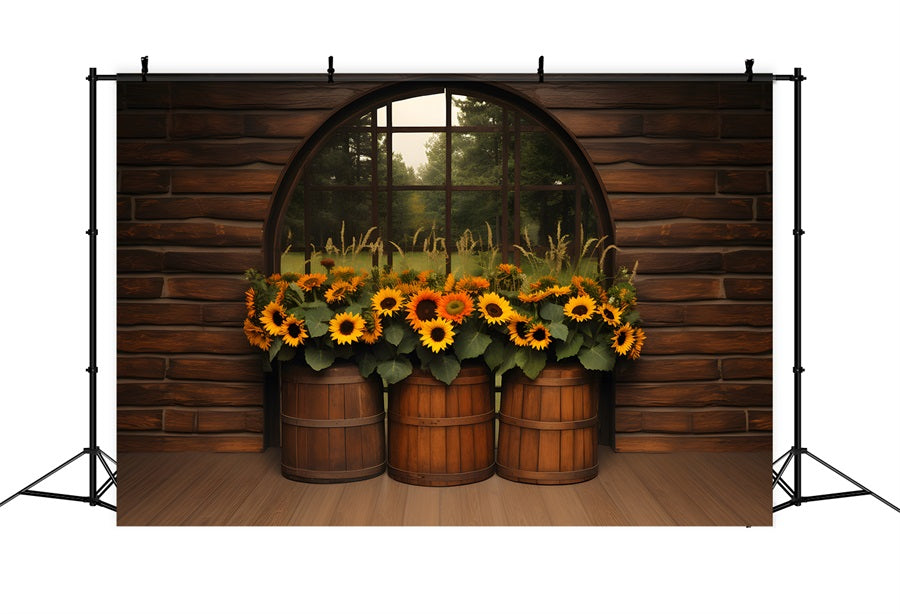 Autumn Barrel Sunflower Display Backdrop RR7-342